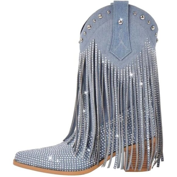 ✨ Sexytag Cowgirl Boots Women Grey Synthetic Sparkly Wide Calf Western Boots - Picture 1 of 6